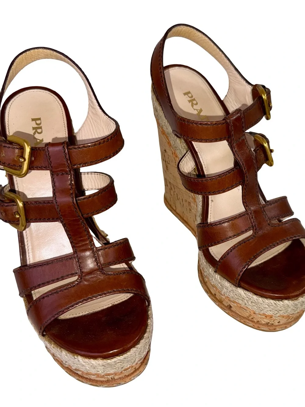 PRADA BROWN LEATHER STRAPPY SANDALS WITH CORK WEDGE HEELS